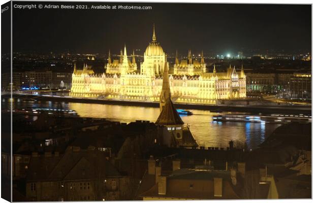 Hungarian Parliament lit up at night  Canvas Print by Adrian Beese