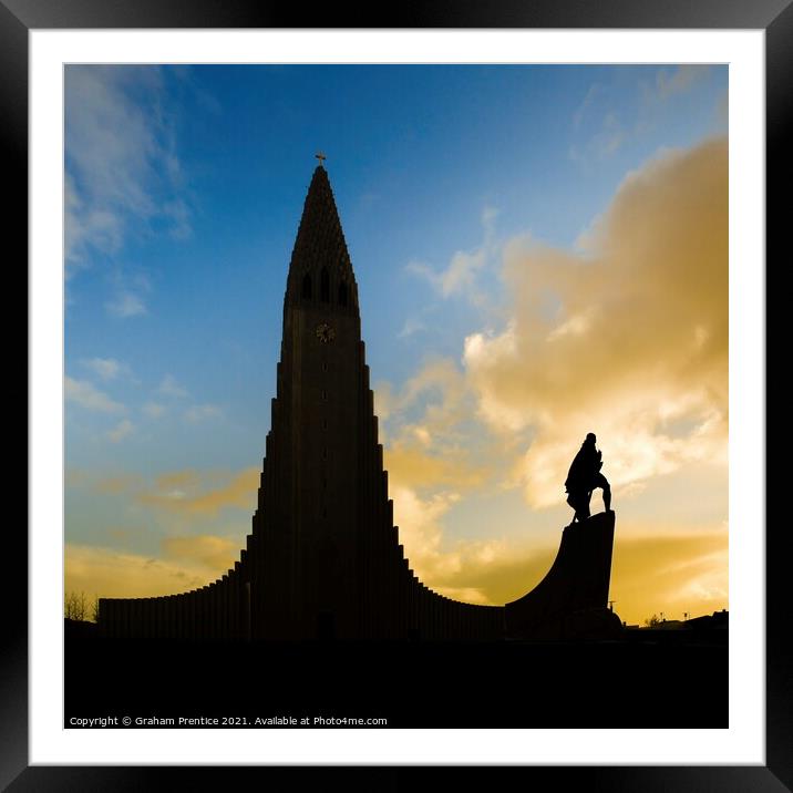 Hallgrímskirkja and Leif Erikson Statue, at Sunset Framed Mounted Print by Graham Prentice