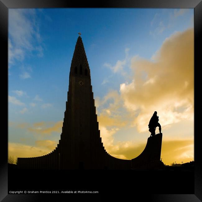 Hallgrímskirkja and Leif Erikson Statue, at Sunset Framed Print by Graham Prentice