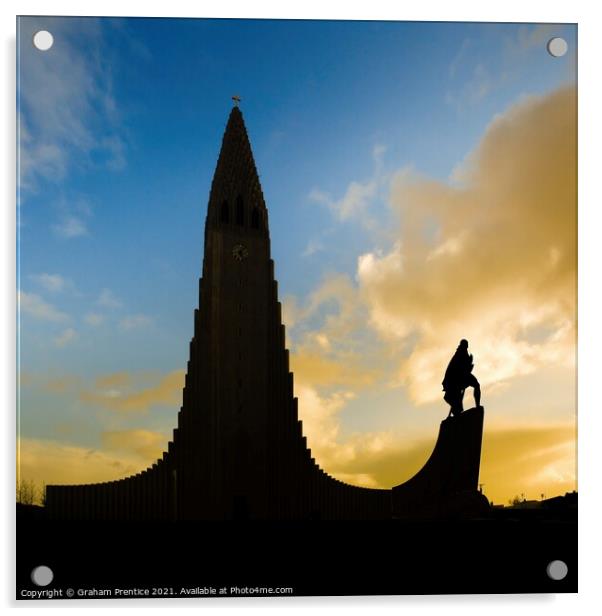Hallgrímskirkja and Leif Erikson Statue, at Sunset Acrylic by Graham Prentice