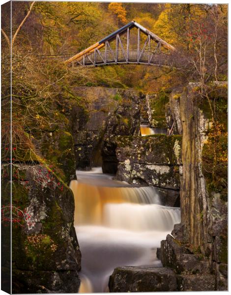 Bracklinn Falls and footbridge. Canvas Print by Tommy Dickson