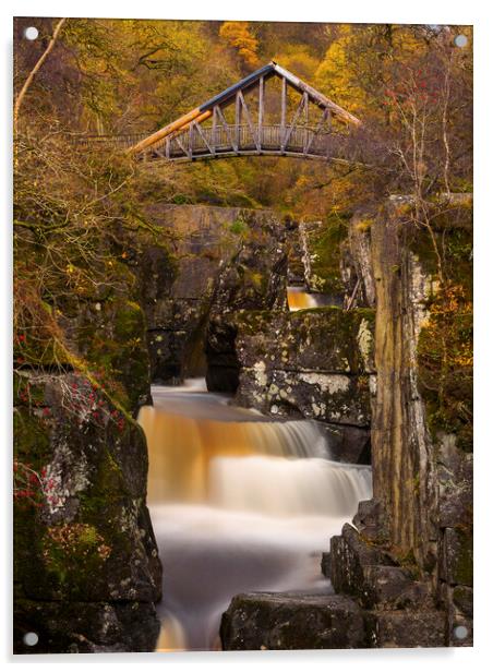 Bracklinn Falls and footbridge. Acrylic by Tommy Dickson