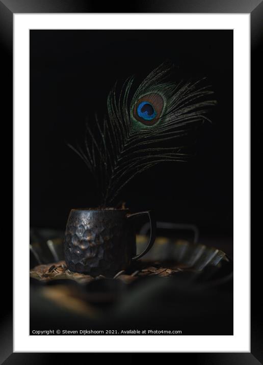Pewter cup with a peacock feather still life Framed Mounted Print by Steven Dijkshoorn
