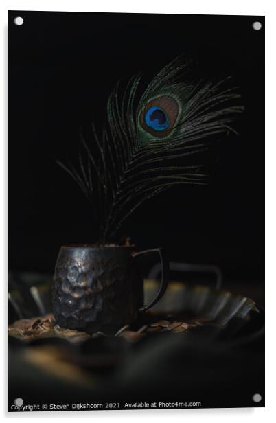 Pewter cup with a peacock feather still life Acrylic by Steven Dijkshoorn