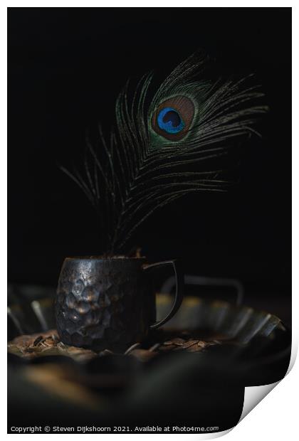 Pewter cup with a peacock feather still life Print by Steven Dijkshoorn