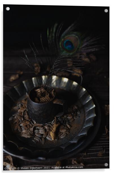 Still life pewter cup with a peacock feather Acrylic by Steven Dijkshoorn