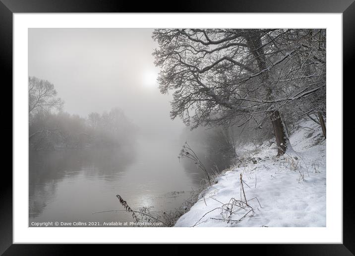 Sun breaking through the mist over the Teviot River in winter snow in the Scottish Borders Framed Mounted Print by Dave Collins