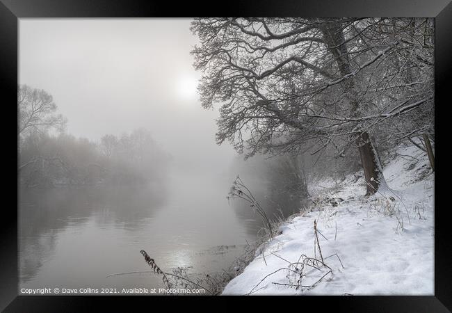 Sun breaking through the mist over the Teviot River in winter snow in the Scottish Borders Framed Print by Dave Collins