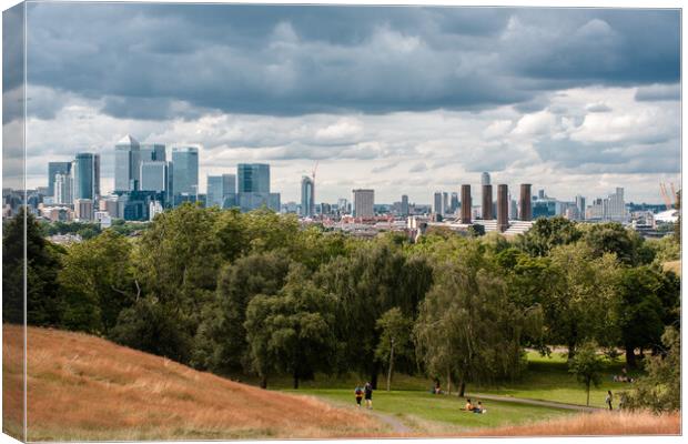 Canary Wharf tall buildings from Greenwich park Canvas Print by tim miller