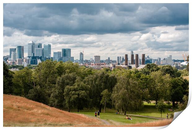 Canary Wharf tall buildings from Greenwich park Print by tim miller