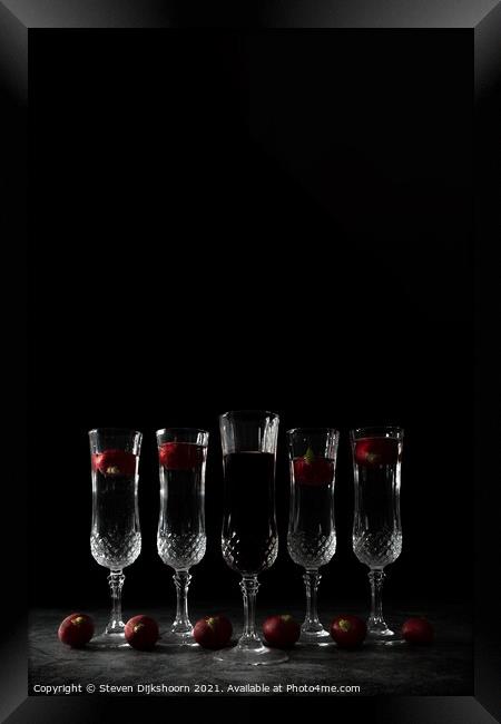 Five crystall glasses with wine and radish | Still Life portrait Framed Print by Steven Dijkshoorn