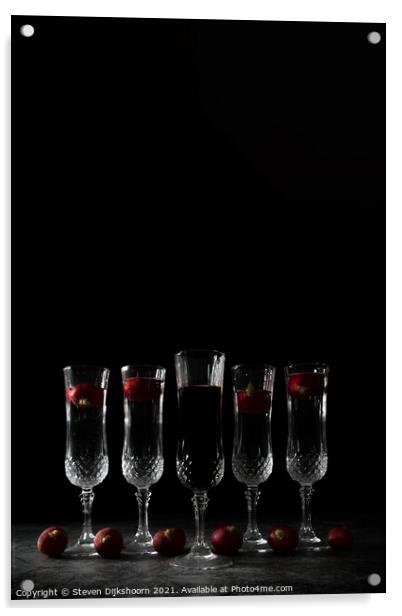Five crystall glasses with wine and radish | Still Life portrait Acrylic by Steven Dijkshoorn