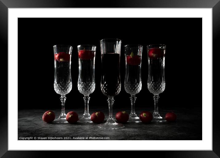 Five crystall glasses with wine and radish | Still Life landscape Framed Mounted Print by Steven Dijkshoorn