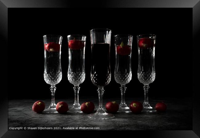 Five crystall glasses with wine and radish | Still Life landscape Framed Print by Steven Dijkshoorn