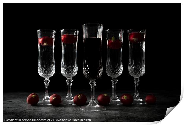 Five crystall glasses with wine and radish | Still Life landscape Print by Steven Dijkshoorn