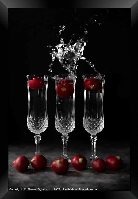 Three crystall glasses with radish and a splash of water | Still Life Framed Print by Steven Dijkshoorn