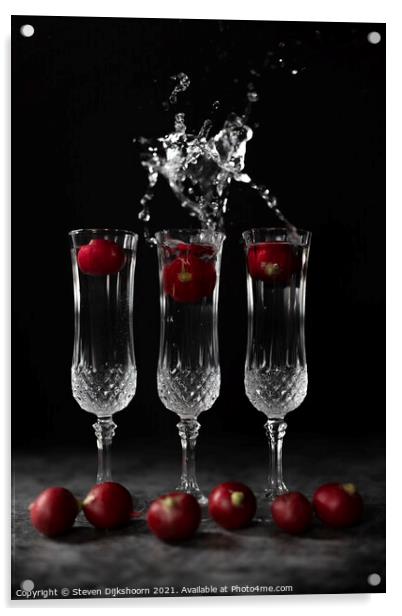 Three crystall glasses with radish and a splash of water | Still Life Acrylic by Steven Dijkshoorn