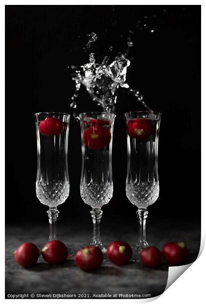 Three crystall glasses with radish and a splash of water | Still Life Print by Steven Dijkshoorn