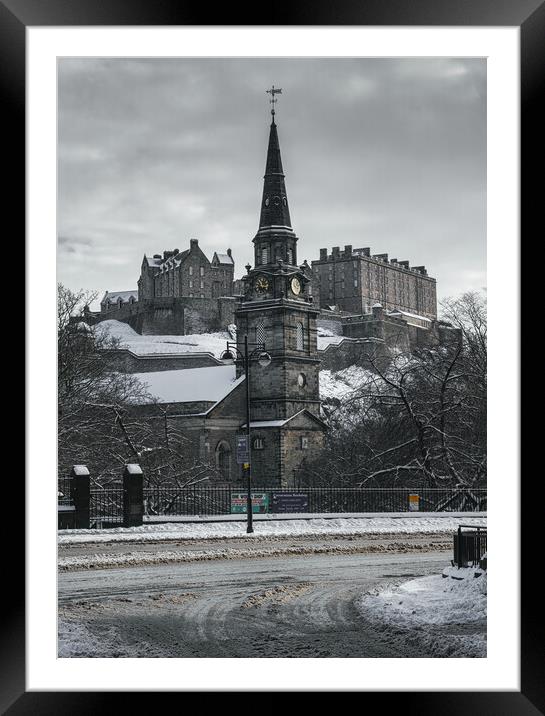 St Cuthbert's Church and Edinburgh Castle in the Snow Framed Mounted Print by Miles Gray