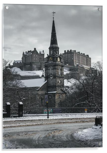 St Cuthbert's Church and Edinburgh Castle in the Snow Acrylic by Miles Gray