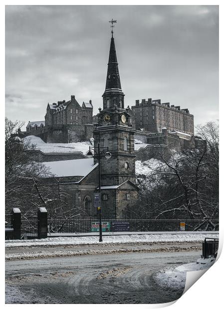 St Cuthbert's Church and Edinburgh Castle in the Snow Print by Miles Gray