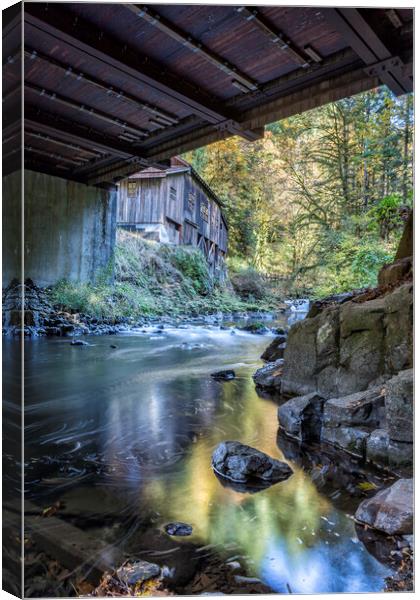 The View of Cedar Creek Grist Mill from Under The Bridge Canvas Print by Belinda Greb