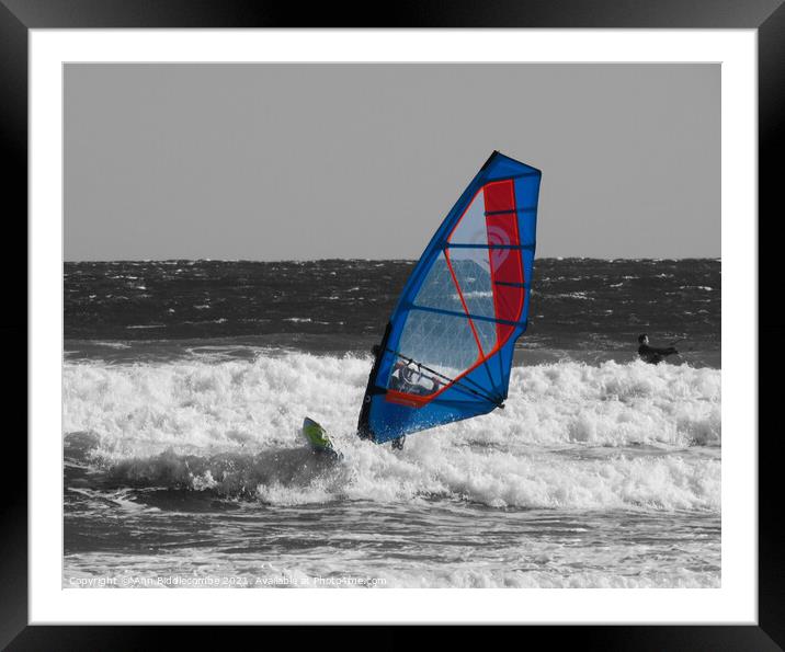 Selective color windsurfer Framed Mounted Print by Ann Biddlecombe