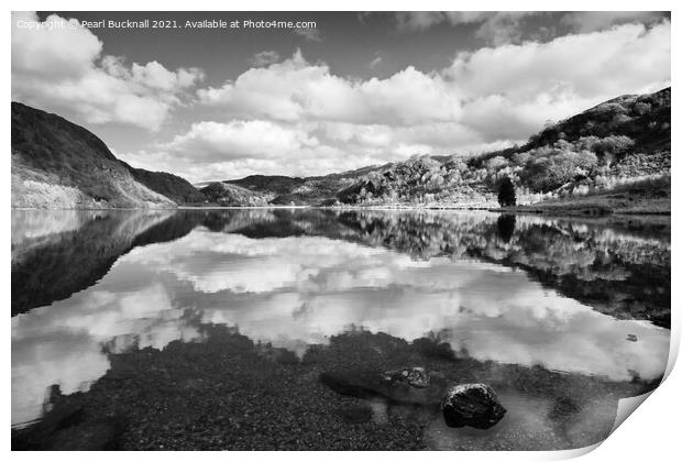 Monochrome Llyn Dinas Lake in Snowdonia Print by Pearl Bucknall