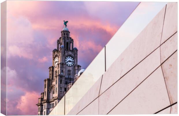 Liver Building behind an abstract building Canvas Print by Jason Wells