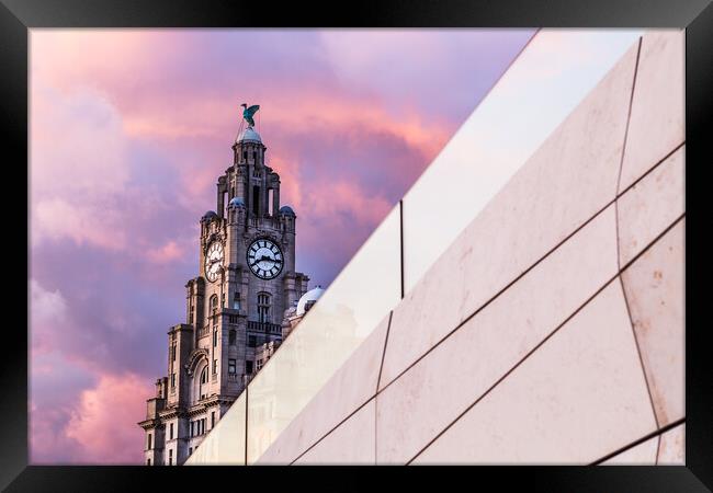 Liver Building behind an abstract building Framed Print by Jason Wells