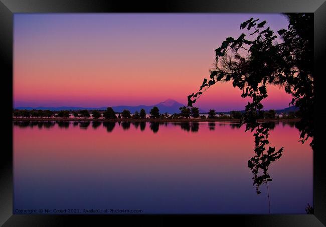 Vivid Sunset with Silhouetted trees and reflection Framed Print by Nic Croad
