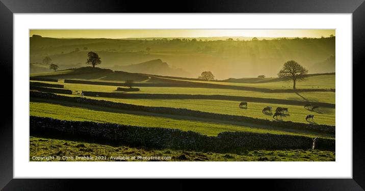 Dry stone walled fields near Wetton in evening lig Framed Mounted Print by Chris Drabble