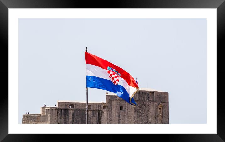 Croatian flag in front of the city walls Framed Mounted Print by Jason Wells
