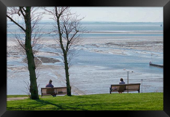 View overlooking the estuary from the cliff gardens, Southend on Sea, Essex, UK. Framed Print by Peter Bolton