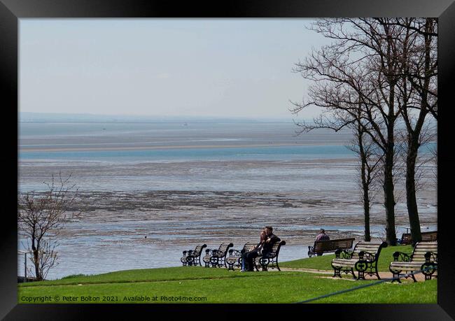 View overlooking the estuary from the cliff gardens, Southend on Sea, Essex, UK. Framed Print by Peter Bolton