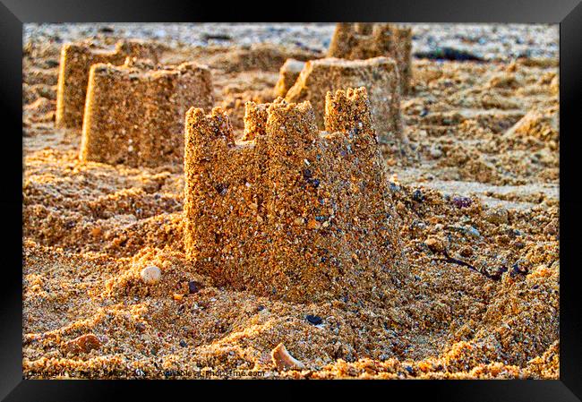 Sandcastles on the beach at Thorpe Bay, Southend on Sea, Essex. Framed Print by Peter Bolton
