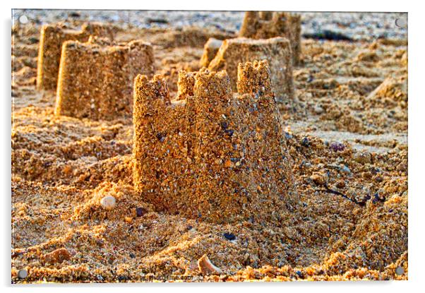 Sandcastles on the beach at Thorpe Bay, Southend on Sea, Essex. Acrylic by Peter Bolton