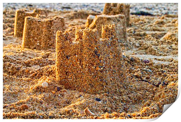 Sandcastles on the beach at Thorpe Bay, Southend on Sea, Essex. Print by Peter Bolton