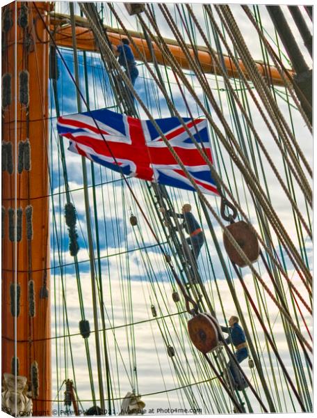 STS Sedov raises the Union flag as she visits Southend on Sea in 2011. Canvas Print by Peter Bolton