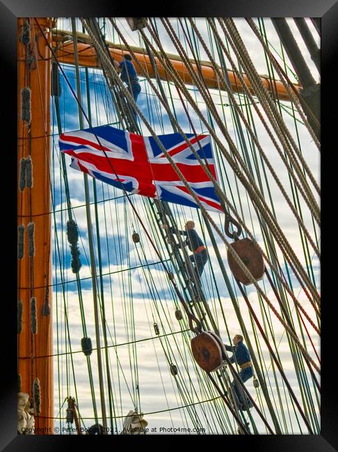 STS Sedov raises the Union flag as she visits Southend on Sea in 2011. Framed Print by Peter Bolton
