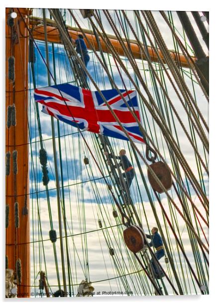 STS Sedov raises the Union flag as she visits Southend on Sea in 2011. Acrylic by Peter Bolton