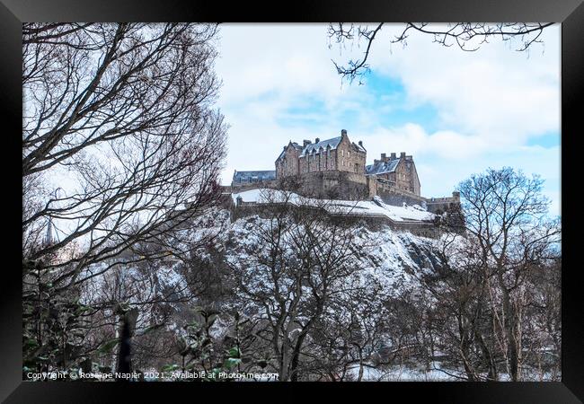 Edinburgh Castle in snow Framed Print by Rosaline Napier