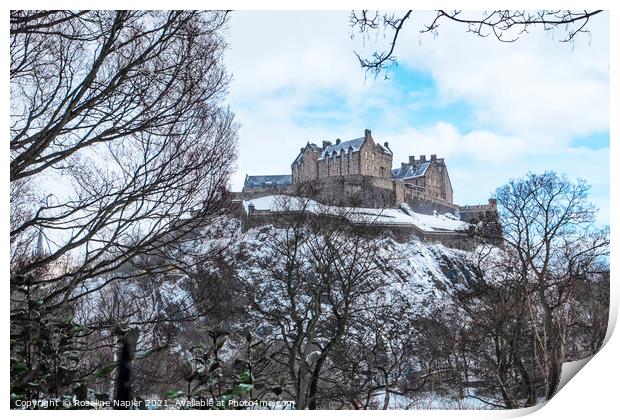 Edinburgh Castle in snow Print by Rosaline Napier
