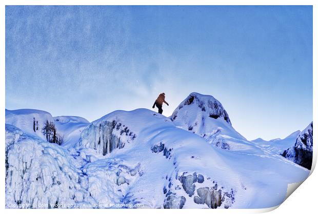 The figure of a person on the top of the frozen Chutes de Chaudière at Charny near Quebec City, Canada Print by Colin Woods