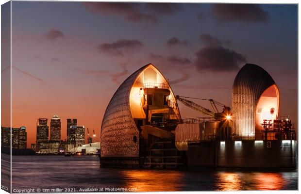 Thames barrier at sunset Canvas Print by tim miller