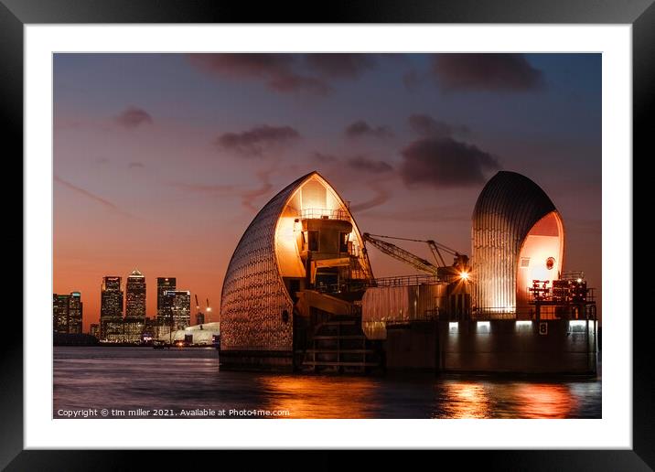 Thames barrier at sunset Framed Mounted Print by tim miller