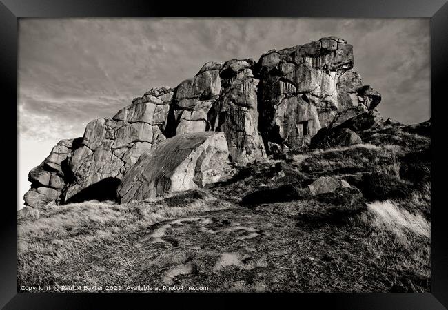 Almscliffe Crag (black and white) Framed Print by Paul M Baxter