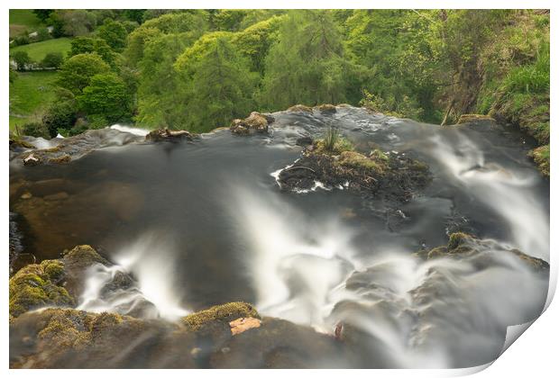 Blurred motion stream falls from top of waterfall of Pistyll Rha Print by Steve Heap