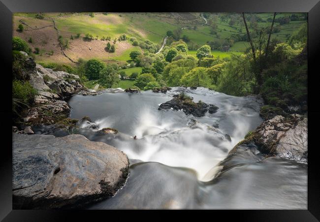 Blurred motion stream falls from top of waterfall of Pistyll Rha Framed Print by Steve Heap
