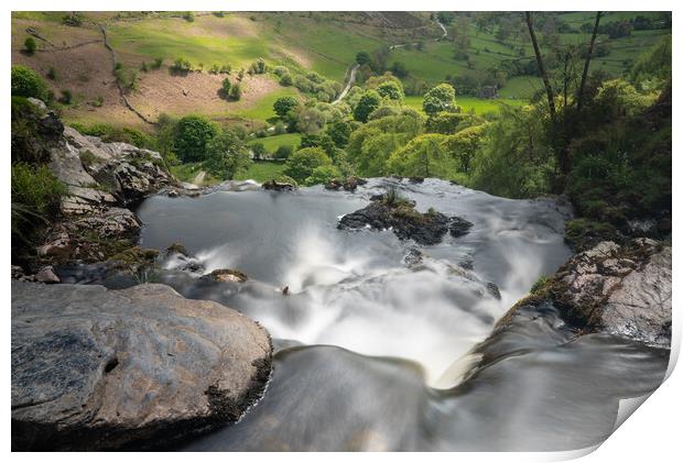Blurred motion stream falls from top of waterfall of Pistyll Rha Print by Steve Heap